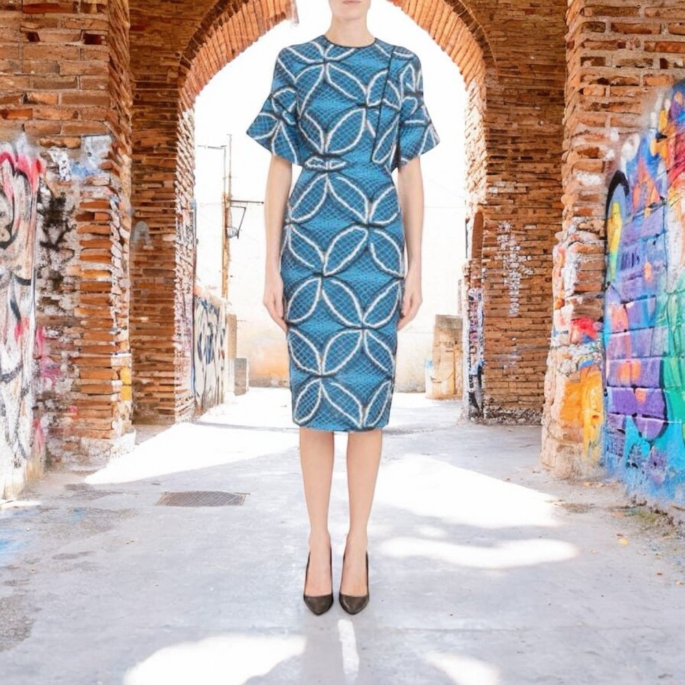 ROLAND MOURET “BANCROFT” BLUE GEOMETRIC PRINT EMBROIDERED MIDI PENCIL DRESS SZ 6